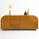 Linnea fluted wooden TV unit with open storage shelves and curved edges, modern luxury media console in crown cut veneer finish