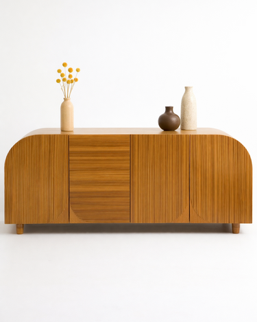 Linnea fluted wooden TV unit with open storage shelves and curved edges, modern luxury media console in crown cut veneer finish