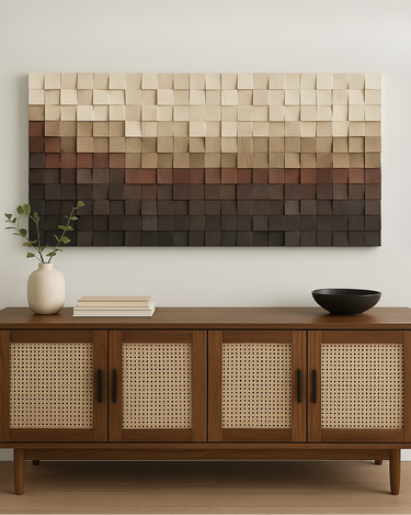 Wooden sideboard with decorative wall art in a room setting