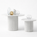 Margot coffee table set in White Volakas marble with fluted cylindrical base and round top, luxury modern marble nesting tables for living room