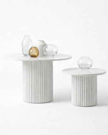 Margot coffee table set in White Volakas marble with fluted cylindrical base and round top, luxury modern marble nesting tables for living room