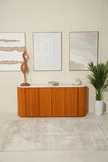 Aurento Volakas Top Wooden Base Buffet Table with Wooden Base and Cabinets