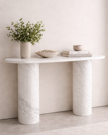 Evelyn marble console table in modern entryway setting, slim 120 cm console with sculptural cylindrical legs and elegant proportions