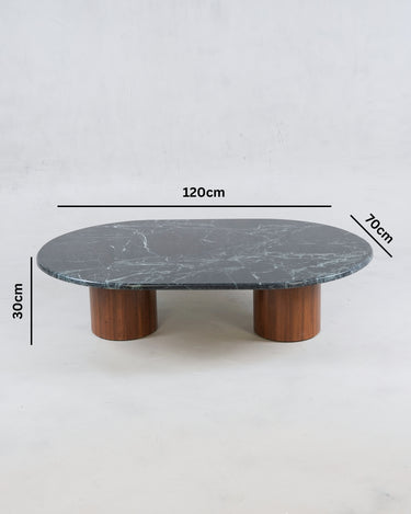 Modern oval marble coffee table with cylindrical wooden legs
