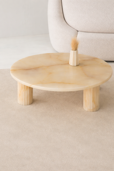 Niva round onyx marble coffee table in beige finish