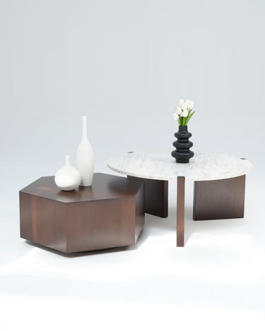 Orvella Coffee Table Set with round marble and hexagon wood table