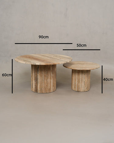 Beige travertine coffee tables with fluted cylindrical bases