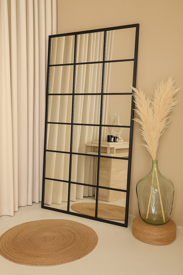 Vian black grid floor mirror with rectangular window pane design in modern interior