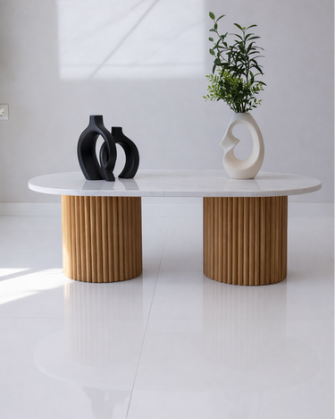 Virella oval marble coffee table with fluted oak wood bases