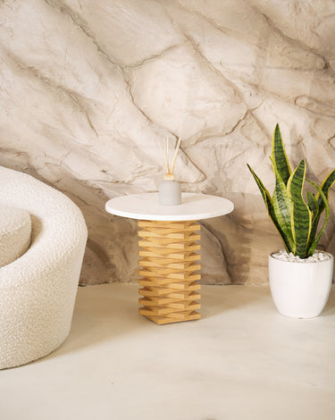 Bosco Volakas Marble Top Beech Wooden Base Side Table
