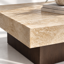 Elmsworth Travertine Coffee Table, travertine top and timber base detail