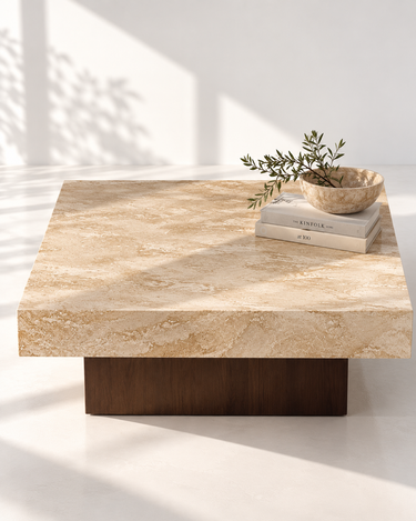 Elmsworth Travertine Coffee Table, styled tabletop view