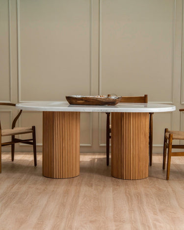 Elora Wooden Base and Volakas Marble Dining Table