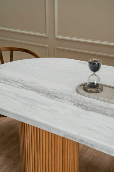 Elora Wooden Base and Volakas Marble Dining Table