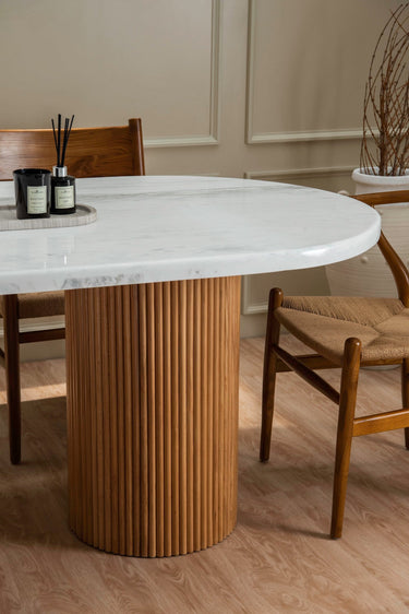 Elora Wooden Base and Volakas Marble Dining Table