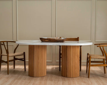 Elora Wooden Base and Volakas Marble Dining Table