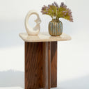Eral Travertine Top & Red Oak Wood Side Table