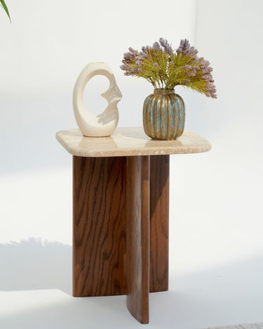 Eral Travertine Top & Red Oak Wood Side Table