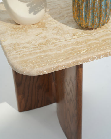 Eral Travertine Top & Red Oak Wood Side Table