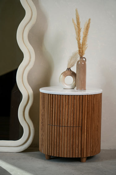Liora Bedside Table – Volakas Marble Top with Wooden Base