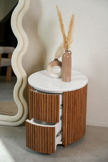 Liora Bedside Table – Volakas Marble Top with Wooden Base