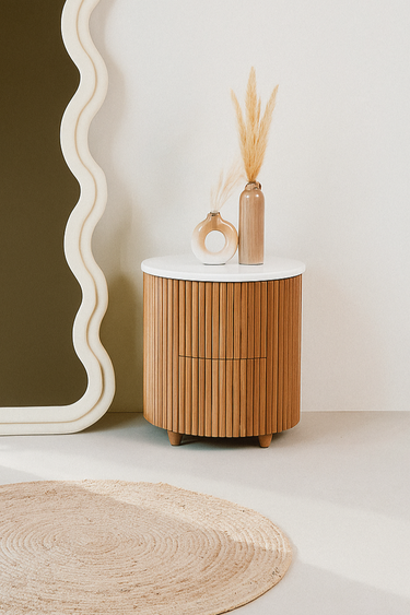 Liora Bedside Table – Volakas Marble Top with Wooden Base / Sole White Wave Frame Mirror