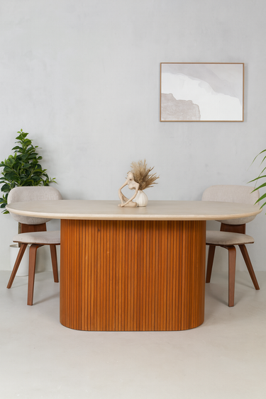 Liva Travertine Marble With Wooden Base Dining Table