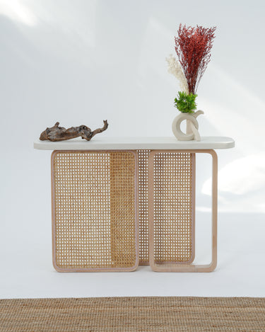 Liven Console Table with Cement Top and Beech Wood Rattan Base