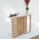 Liven Console Table with Cement Top and Beech Wood Rattan Base