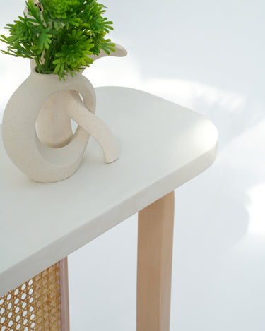 Liven Console Table with Cement Top and Beech Wood Rattan Base