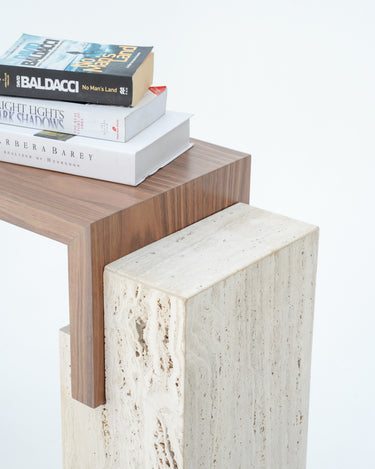 Roya Veneered Walnut Console Table with Travertine Base