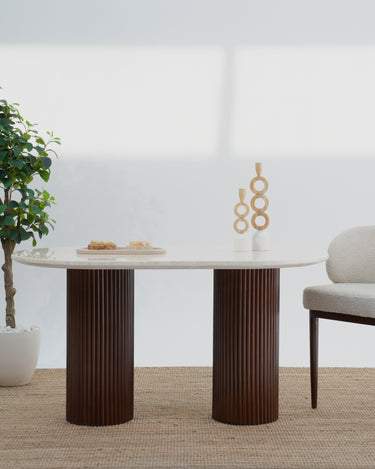 Solein Dining Table - Beige Marble Top with Crafted Wooden Base