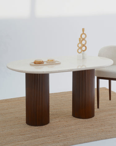 Solein Dining Table - Beige Marble Top with Crafted Wooden Base