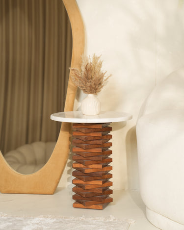 Teka Volakas Marble Top Teak Woode Base Side Table