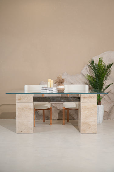 Triona Glass with Travertine Base and Wooden Dining Table