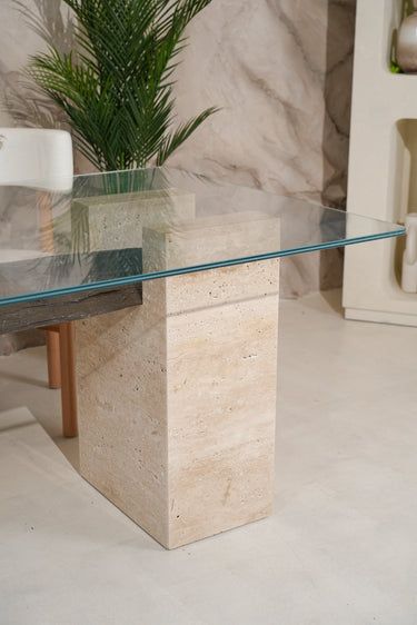 Triona Glass with Travertine Base and Wooden Dining Table