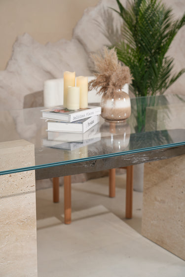Triona Glass with Travertine Base and Wooden Dining Table