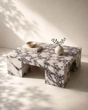 Viora square marble coffee table showing dramatic Calacatta Viola veining