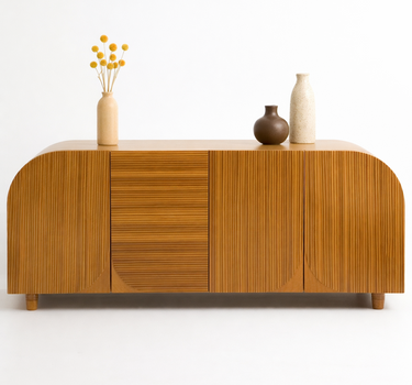 Linnea fluted wooden TV unit with open storage shelves and curved edges, modern luxury media console in crown cut veneer finish