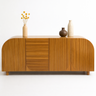 Linnea fluted wooden TV unit with open storage shelves and curved edges, modern luxury media console in crown cut veneer finish