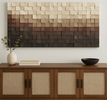 Wooden sideboard with decorative wall art in a room setting
