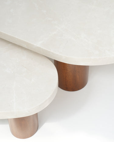 Beige marble Vionna coffee table set with dark wood veneer base