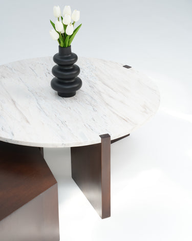 Orvella Coffee Table Set round marble coffee table with dark wood base