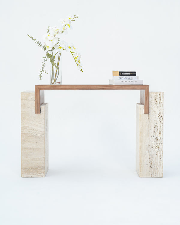 Roya Veneered Walnut Console Table with Travertine Base