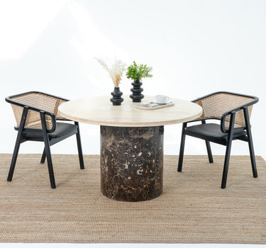 Elaris Dining Table - Travertine Top  Emperador Base.