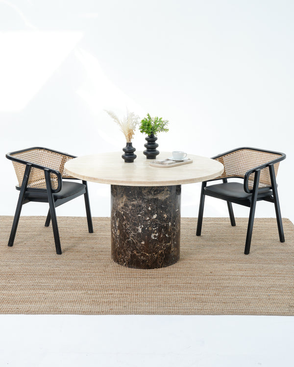Elaris Dining Table - Travertine Top  Emperador Base.