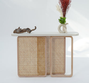 Liven Console Table with Cement Top and Beech Wood Rattan Base