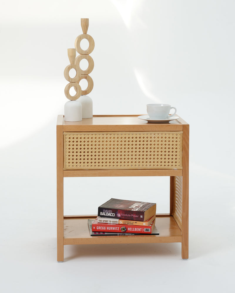 Karin Beech Wood & Rattan Side Table