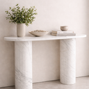 Evelyn marble console table in modern entryway setting, slim 120 cm console with sculptural cylindrical legs and elegant proportions
