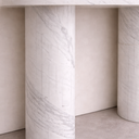 Close-up of Evelyn marble console table leg showing solid cylindrical base in premium White Volakas marble with natural grey veining